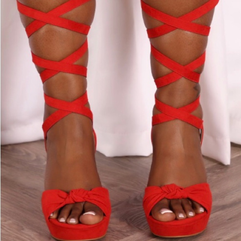Size 7W Fashion Nova Red Strappy Wedge Sandals